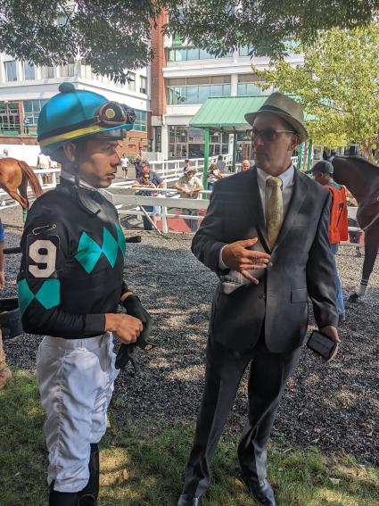 Jose Ortiz and Kelly Breen discussing strategy for Easy as A.B.C for Race 2 at Monmouth Park on Saturday, September 17, 2022 (Scott Schaub)