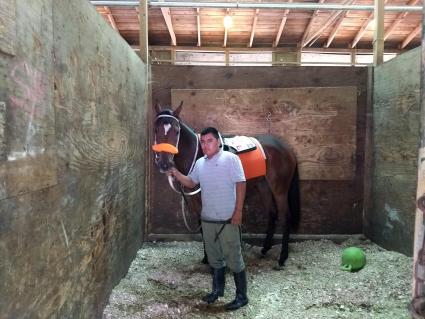 Giuliana Vee tacked up before work at Monmouth Park on May 26, 2019