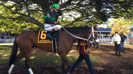 Tracy Ann's Legacy, with Jose Ferrer up, runs in the Virgil "Buddy" Raines Stakes at Monmouth Park on October 3, 2020