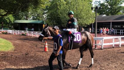 Adhwaa, with Nik Juarez up, in Race 1 at Monmouth Park on July 9, 2021 (Christopher Driscoll)