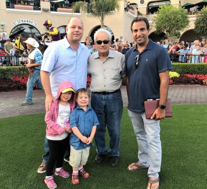 Kenwood co-owners with Jerry Hollendorfer in the paddock for More Ice in Race 10 at Del Mar on July 28, 2018.