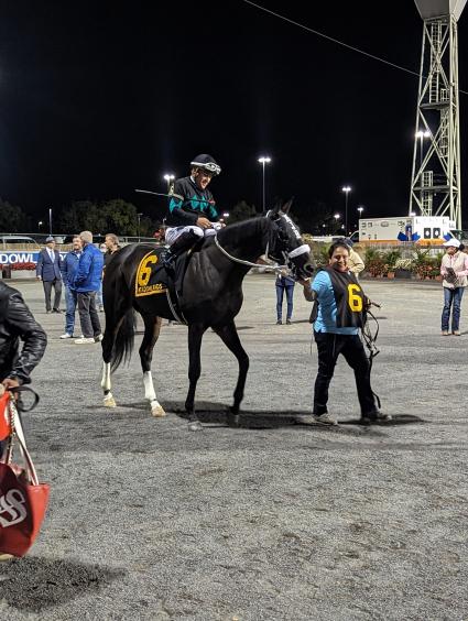 Outlaw Country, with Nik Juarez up, wins Race 2 at The Meadowlands at Monmouth Park on Friday, October 13, 2023 (Scott Schaub)