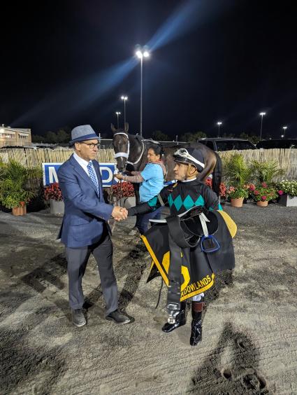 Outlaw Country, with Nik Juarez up, wins Race 2 at The Meadowlands at Monmouth Park on Friday, October 13, 2023 (Scott Schaub)