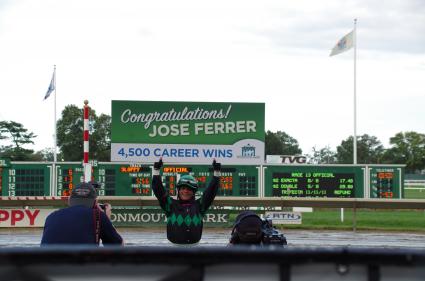 Tracy Ann's Legacy wins race 13 at Monmouth Park on August 29, 2020, giving Jose Ferrer his 4,500 career wing 